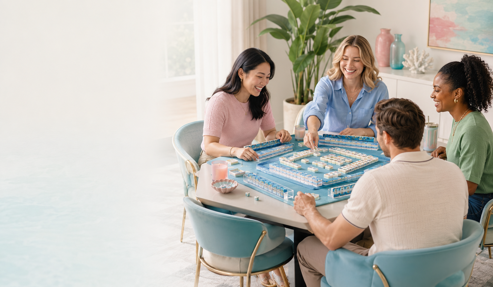 Friends enjoying American Mahjong around a blue table in a bright modern home