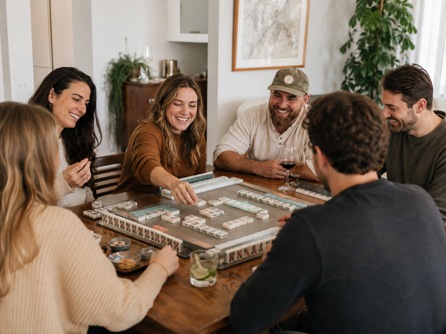 Friends gathering around a table to play American Mahjong
